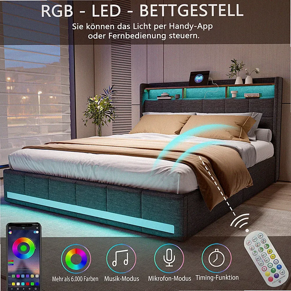 Doppelbett Polsterbett 140x200cm mit Stauraum 4 Schubladen LED USB Boxspringbett