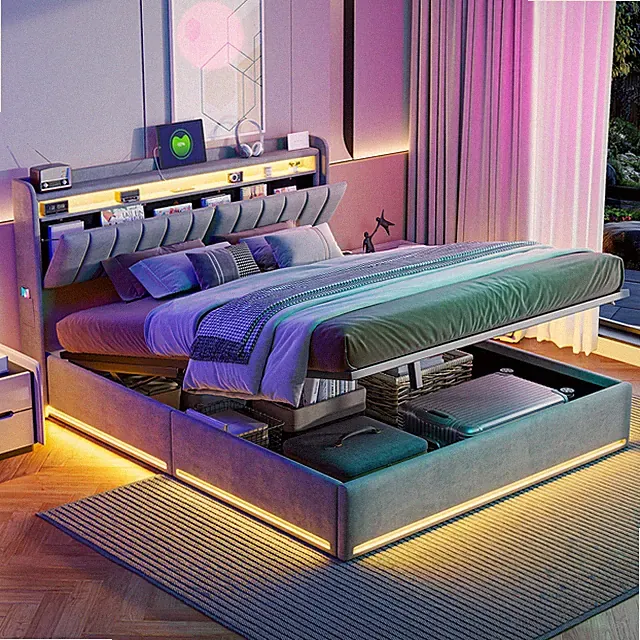Doppelbett Polsterbett 160x200cm Hydraulisches mit Bettkasten LED&USB Lattenrost