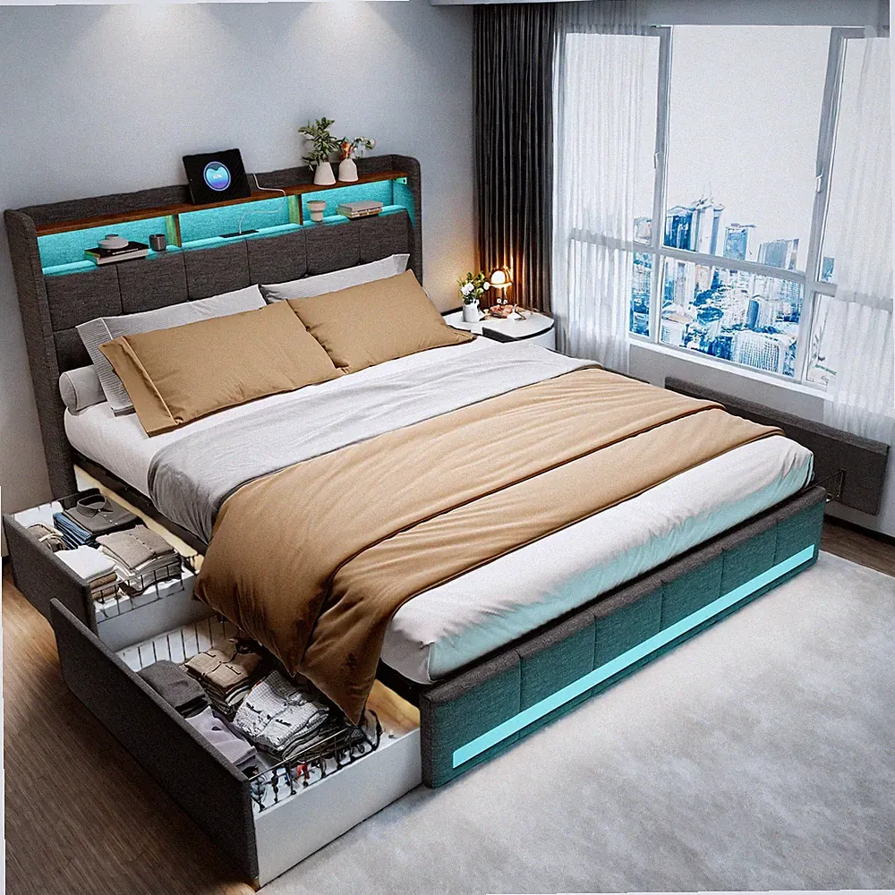 Doppelbett Polsterbett 180x200cm Bettgestell mit Lattenrost LED USB Stauraumbett