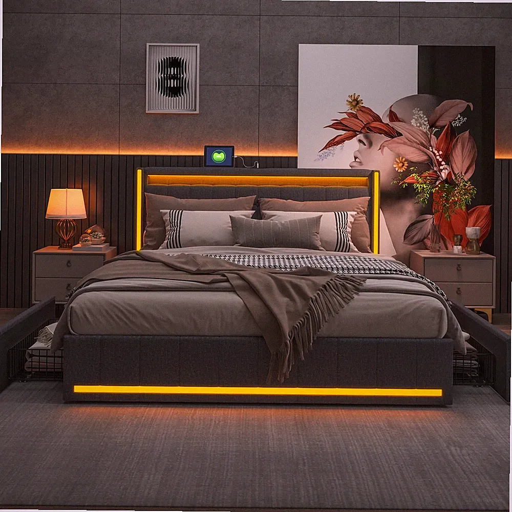 Doppelbett Polsterbett 180x200cm mit LED USB Bettgestell mit Lattenrost Stauraum