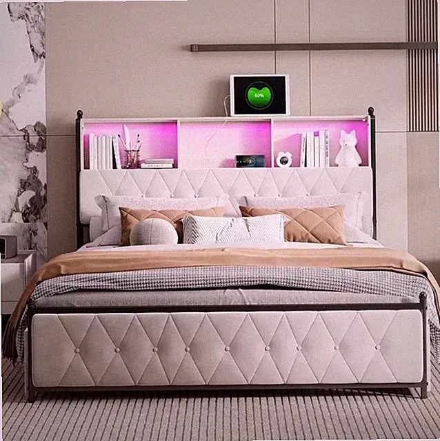 Doppelbett Polsterbett 180x200cm mit LED USB Stauraum Bettgestell mit Lattenrost