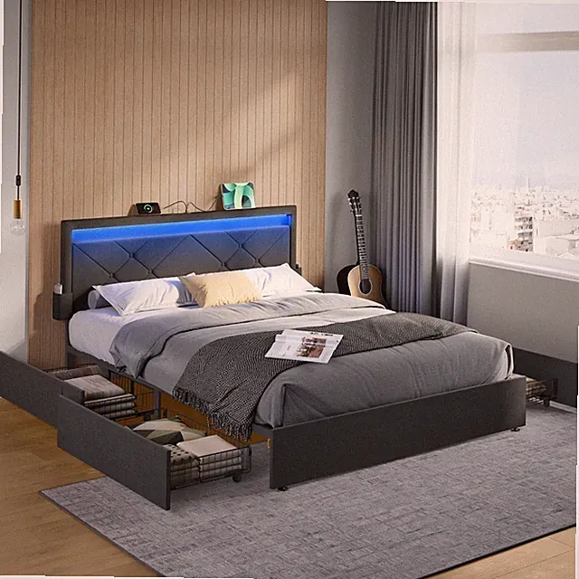Doppelbettgestell, 160 x 200 cm, LED, Metallbett, 4 Schubladen RMBDE828G02