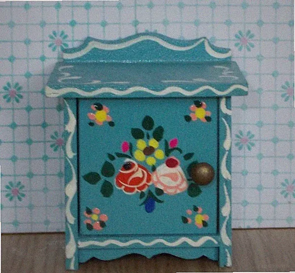 Dora Kuhn Nachtschränkchen Blau Bauern Malerei Puppen Möbel aus Holz Handgemalt