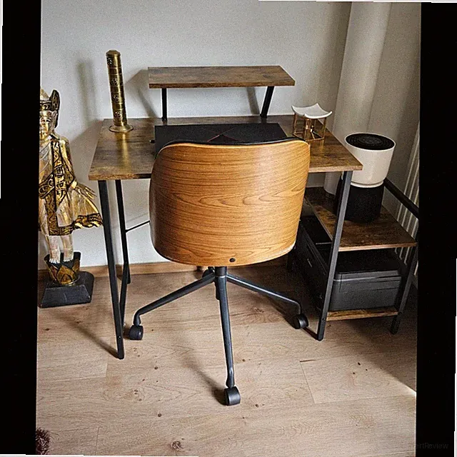 Drehbarer Bürostuhl auf Rollen, Holzschale, Metallgestell, Braun/Schwarz