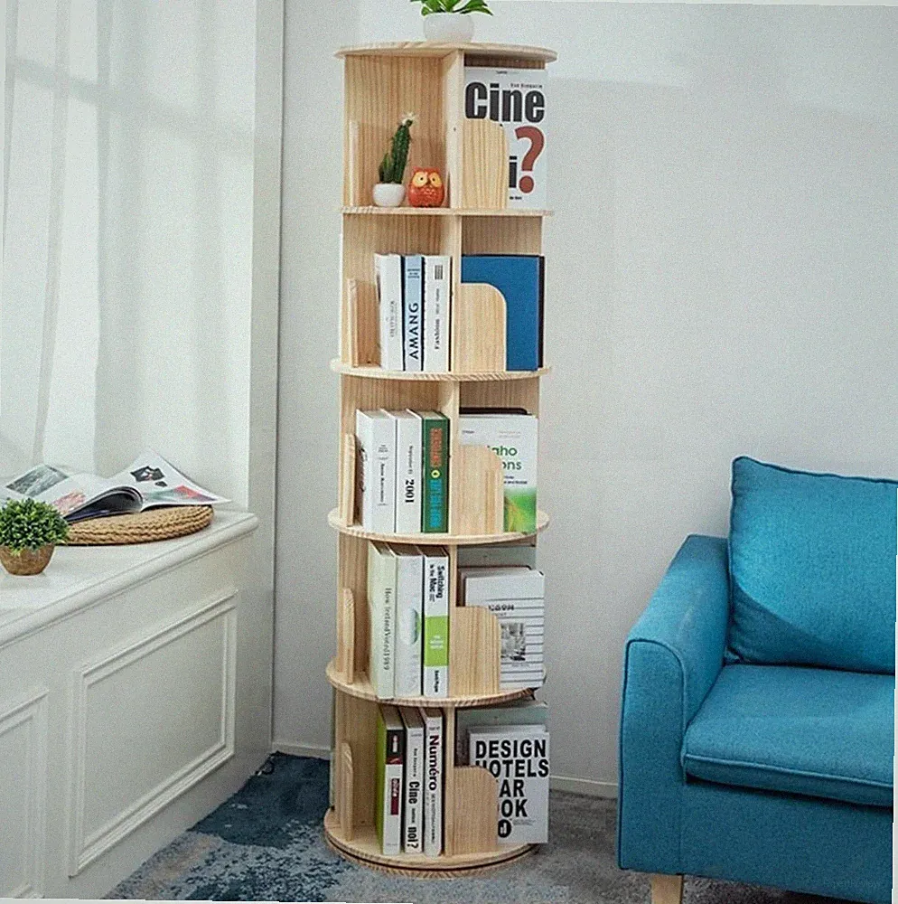 Drehbares Bücherregal, 5-stöckig, Massivholz, Bodenstehend, Platzsparend, Kiefer
