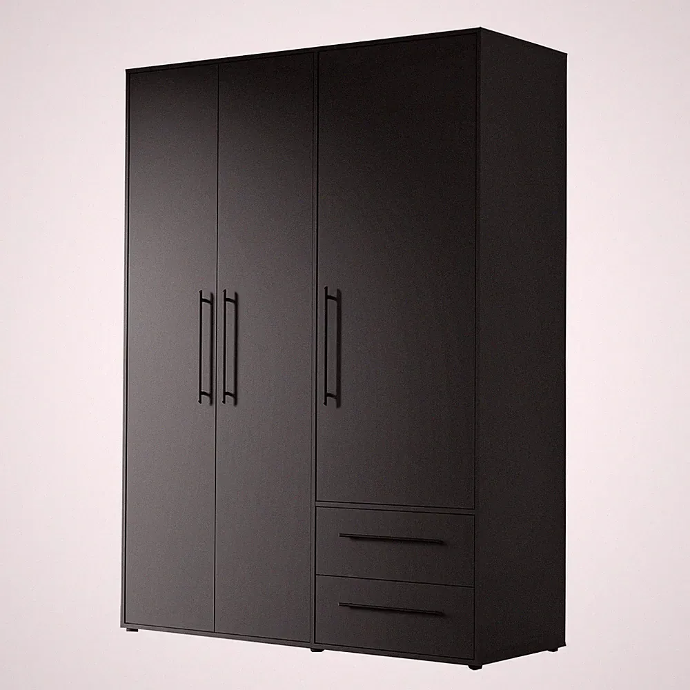 Drehtürenschrank Kleiderschrank 3 Türen 2 Schubladen Schwarz 144 x 200 cm
