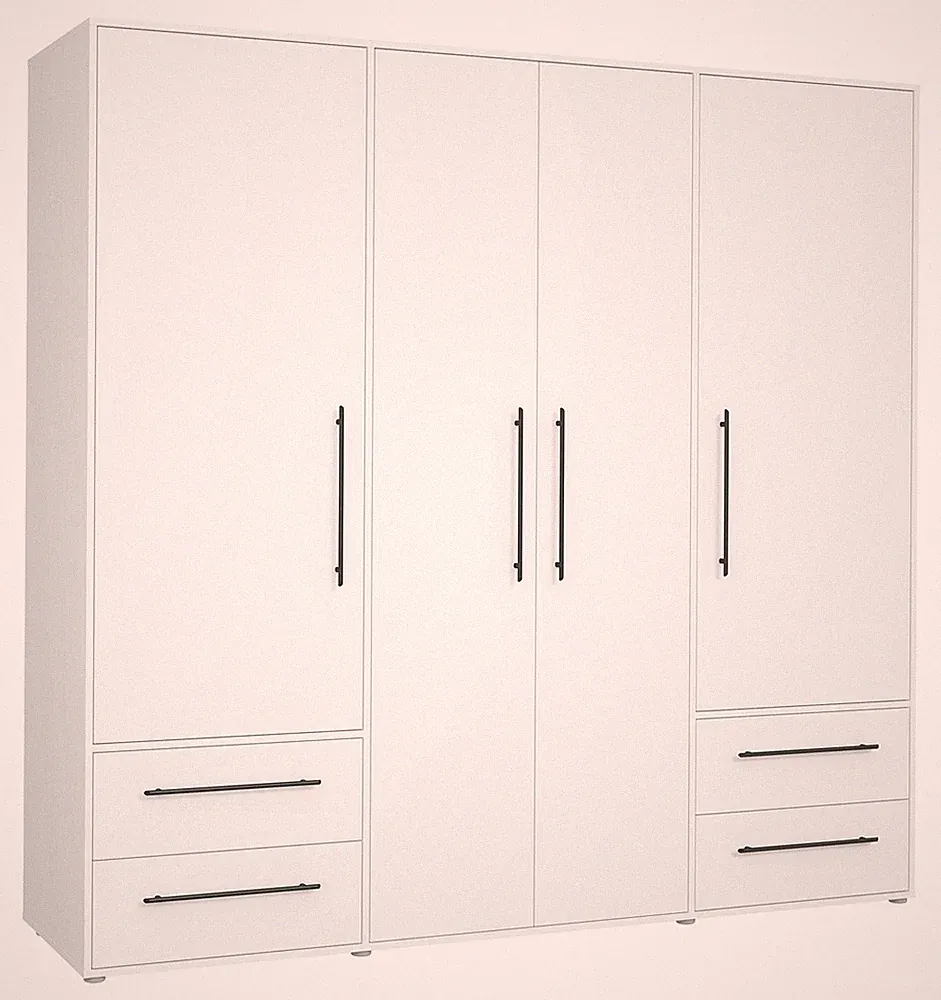 Drehtürenschrank Kleiderschrank 4 Türen 4 Schubladen Weiß matt 206 x 200 cm