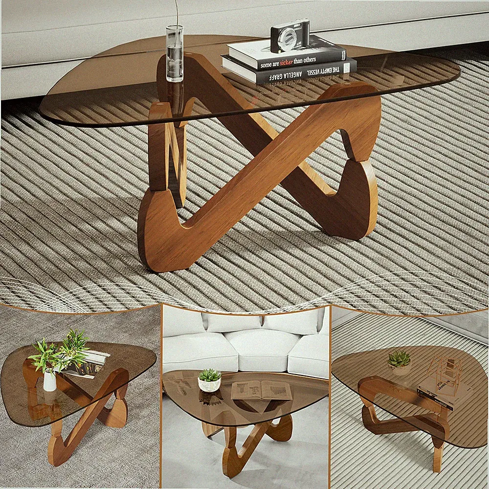 Dreieckiger Glas-Couchtisch, Modern Couchtisch mit dreieckigem Massivholzsockel