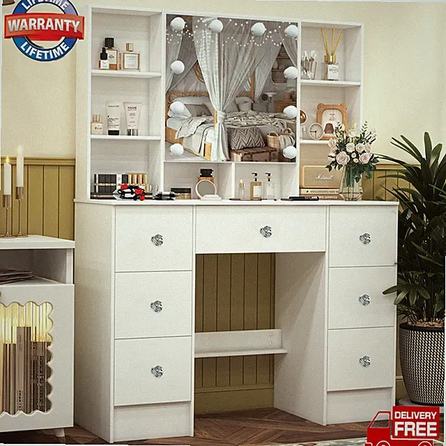 Dresser Tisch w / LED Spiegel 7 Schubladen & Crystal Pull Eitelkeit Schreibtisch