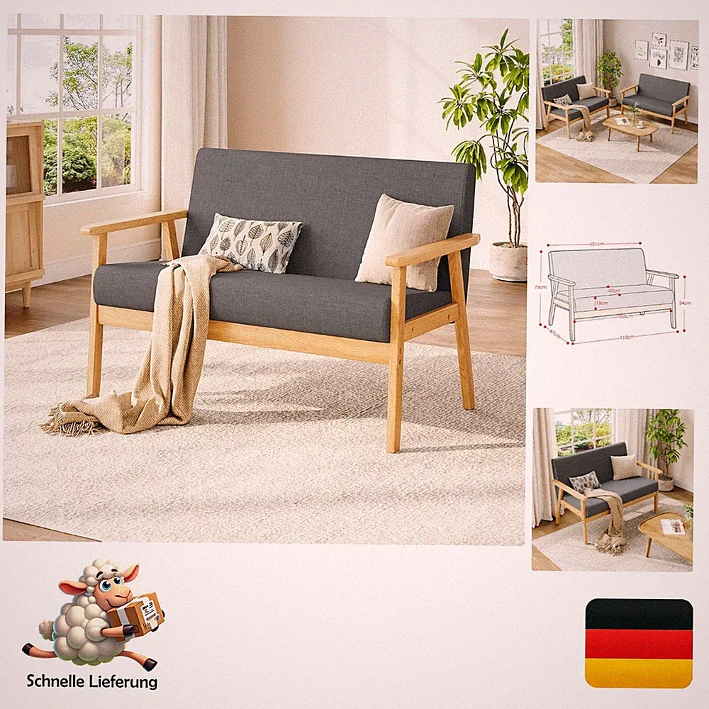 Dripex 2-Sitzer Sofa skandinavisch Leiterfunktion Leinenstoff Dunkelgrau Kompakt