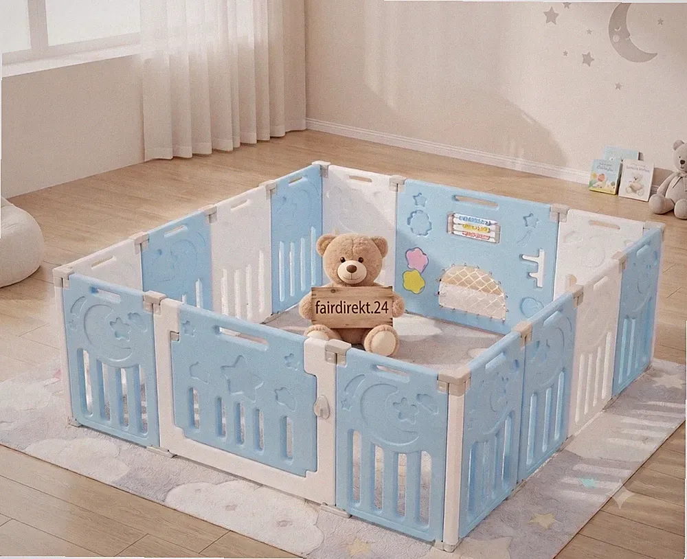 Dripex Baby Laufgitter 14 Paneele 150x150 cm Blau Weiß Tür Spielbrett A-Ware