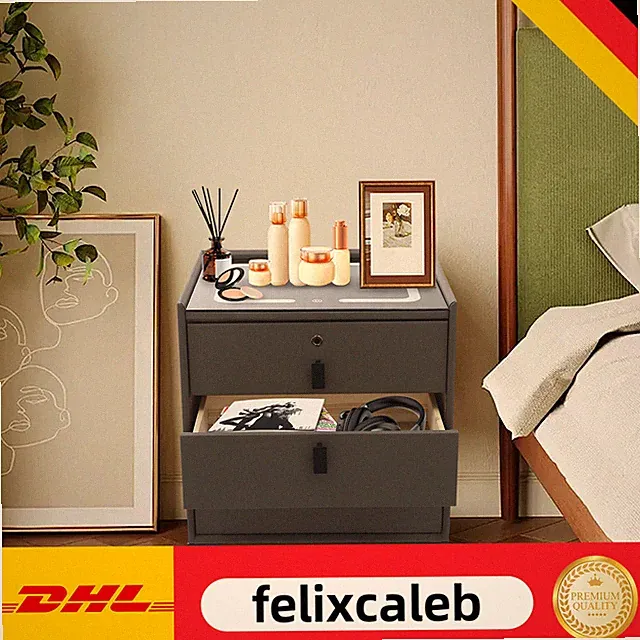Dunkelgrau Nachttisch 3 Schubladen USB-Lade Fingerabdruck-Sperre Modern EU-Norm