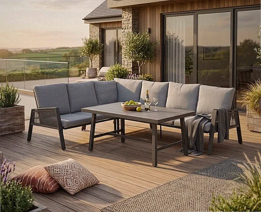 Eck Lounge Set Sitzgruppe Gartenmöbel Garnitur Gruppe Alu hoch Rope wetterfest