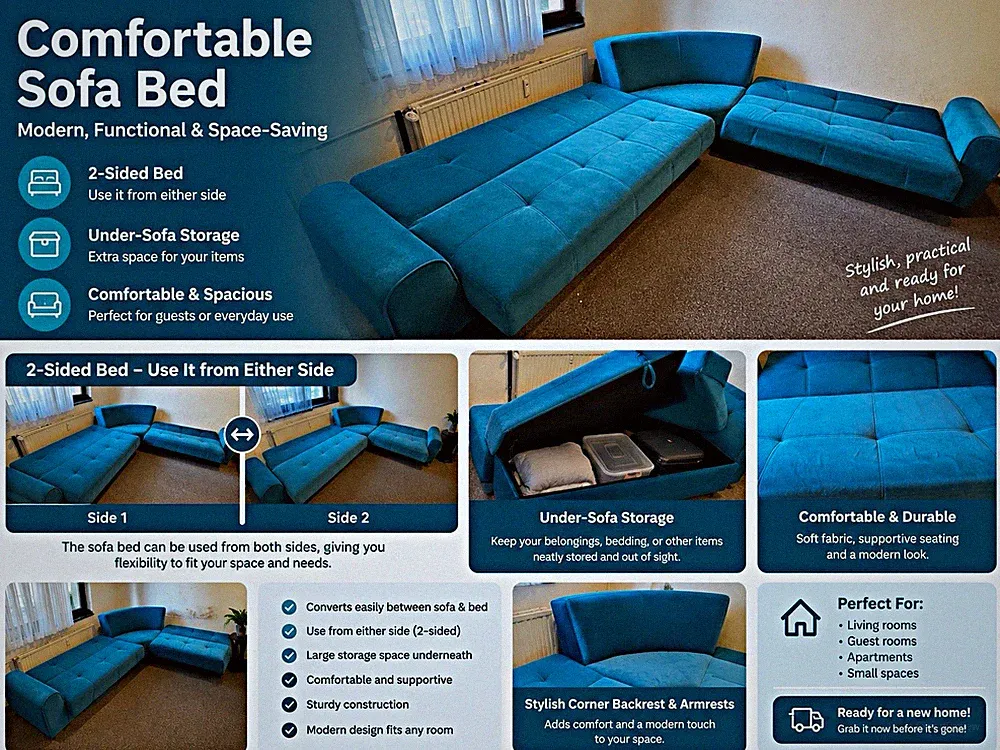 Eck-Schlafsofa mit Stauraum, Schlaffunktion beidseitig, Blau/Türkis