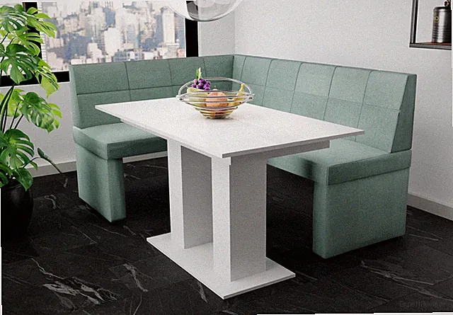 Eckbankgruppe 196x142 cm BLAKE XL R Stoff Soro Türkis / Esstisch DANTE Weiß