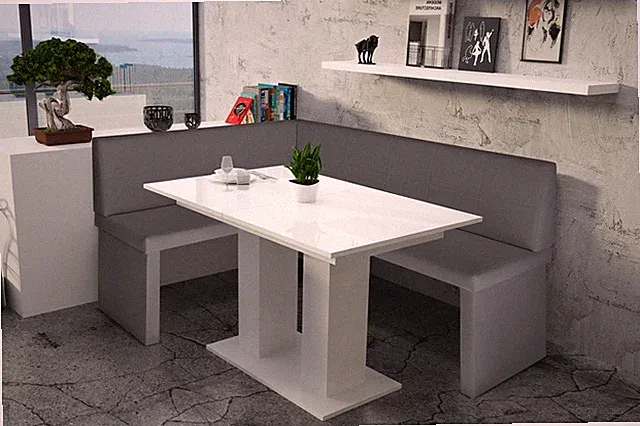 Eckbankgruppe 196x142 cm ROBIN XL R Grau / Esstisch DANTE Weiss