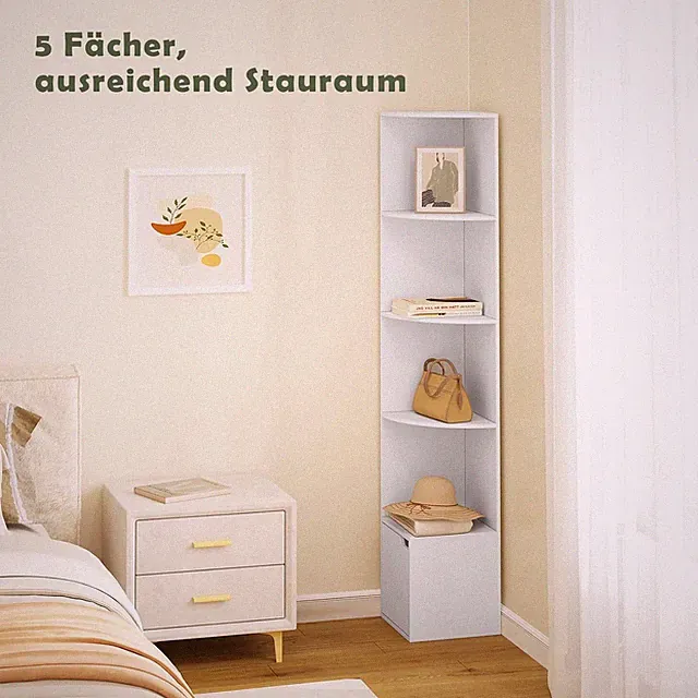 Eckregal Bücherregal Holz Standregal Lagerregal 5 Ebenen Regal mit Tür Weiß