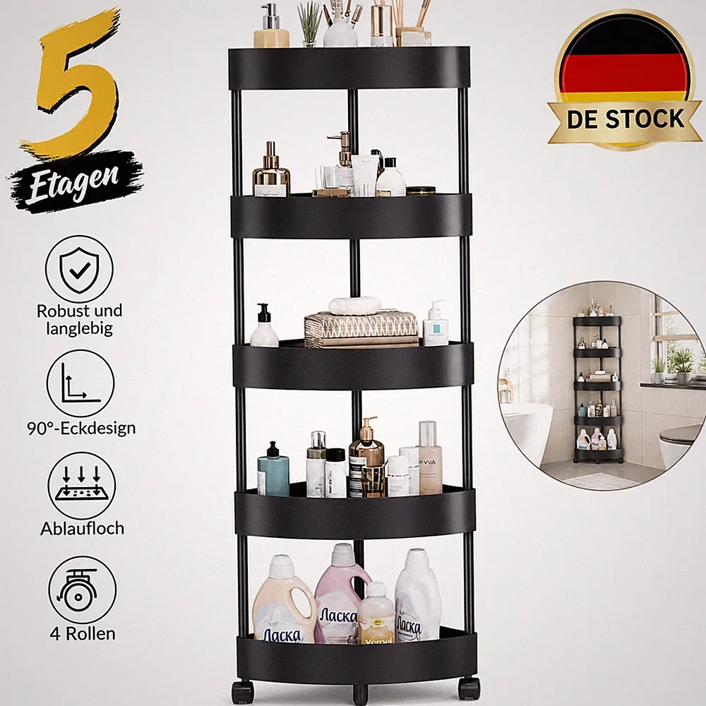 Eckregal Mit Rädern 5 Ebenen Freistehend Duschcaddy Aufbewahrungsregal Schwarz