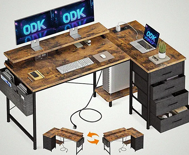 Eckschreibtisch L-Form mit Stauraum und USB-C Steckdosen für Homeoffice