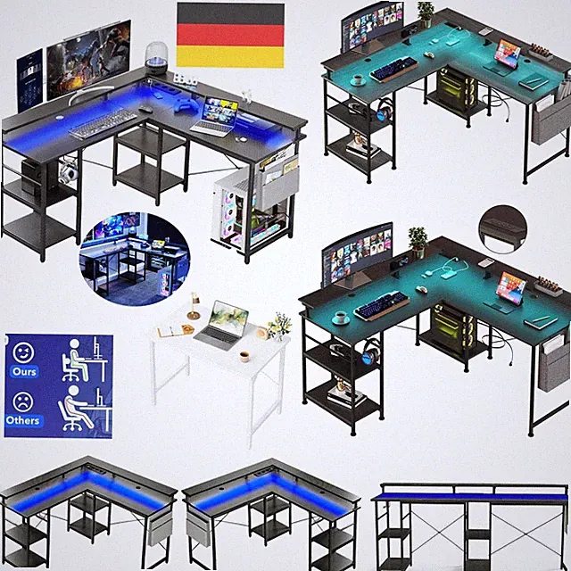 Eckschreibtisch L Form Schreibtisch PC Gaming-Schreibtisch mit Steckdosen/LED