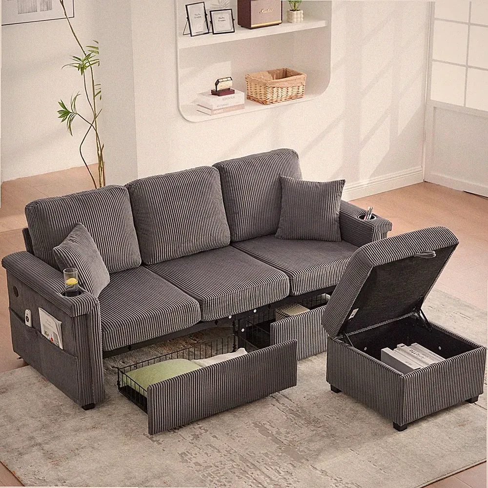 Ecksofa 4-Sitzer Sofa Couch LED L-Form Sofa Stauraum-Fußteil mit 2 Schubladen