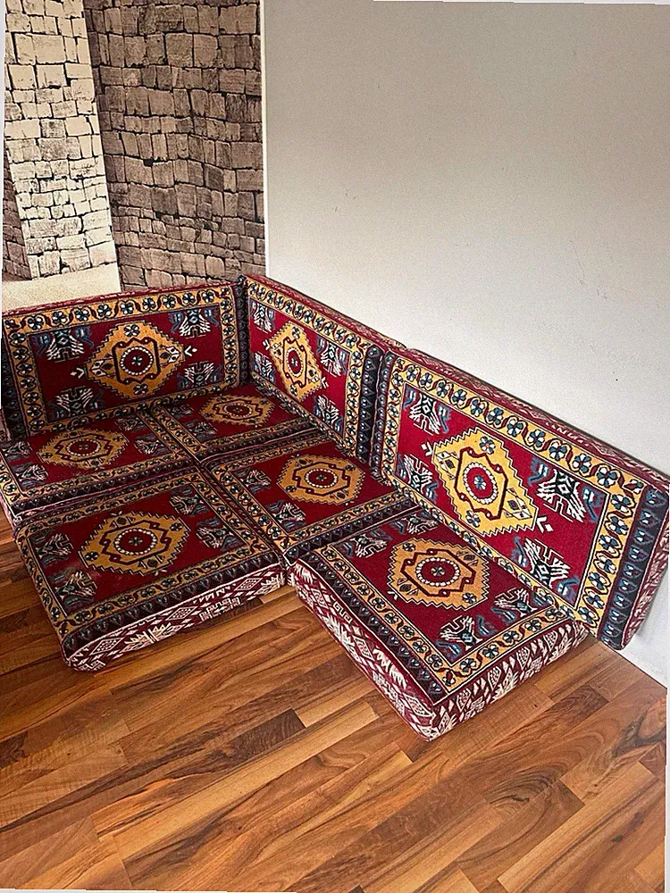Ecksofa Bodensofa armlos 190x190x45 cm 100% Baumwolle geometrisch rot
