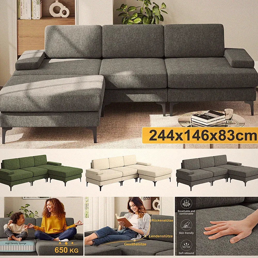 Ecksofa Chenillestoff Couch mit Ottomane 3‑Sitzer Sofa L Form mit Schlaffunktion