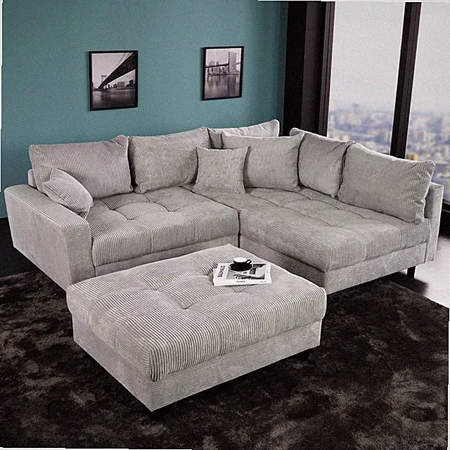 Ecksofa KENT 220cm hellgrau Cord inklusive Hocker L-Form Couch Sofa Wohnzimmer