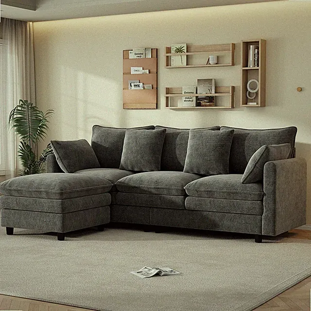 Ecksofa L-Form 3-Sitzer grau Chenille Chaiselongue links/rechts 4 Kissen 212x150
