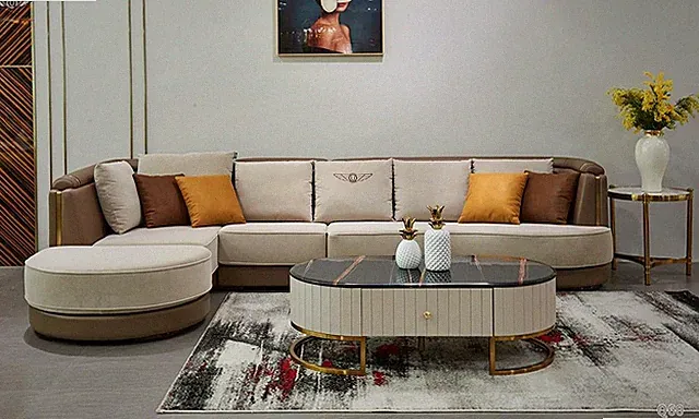 Ecksofa L Form Couchtisch Sofa Couch Design Polster Textil Modern Beige Tisch