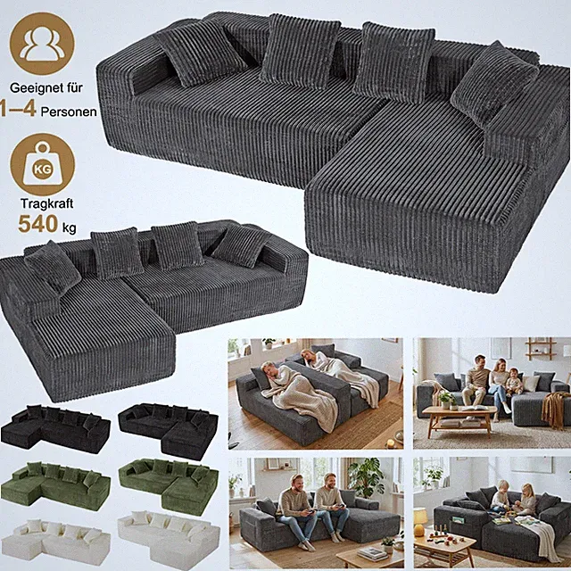 Ecksofa L-Form modular Cord Couch 3-Sitzer Schlafsofa mit Ottomane Links/rechts