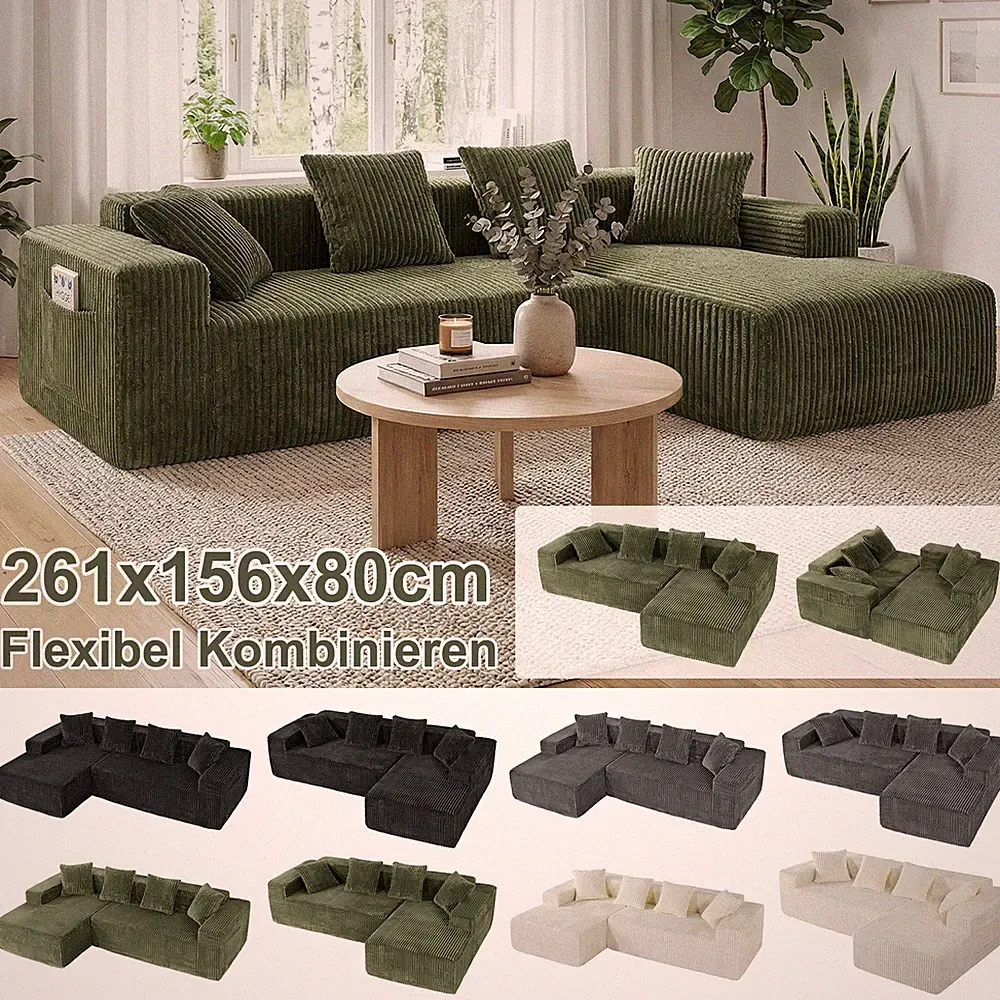 Ecksofa m. Schlaffunktion Cord Modulares Sofa mit Chaiselongue Links oder rechts
