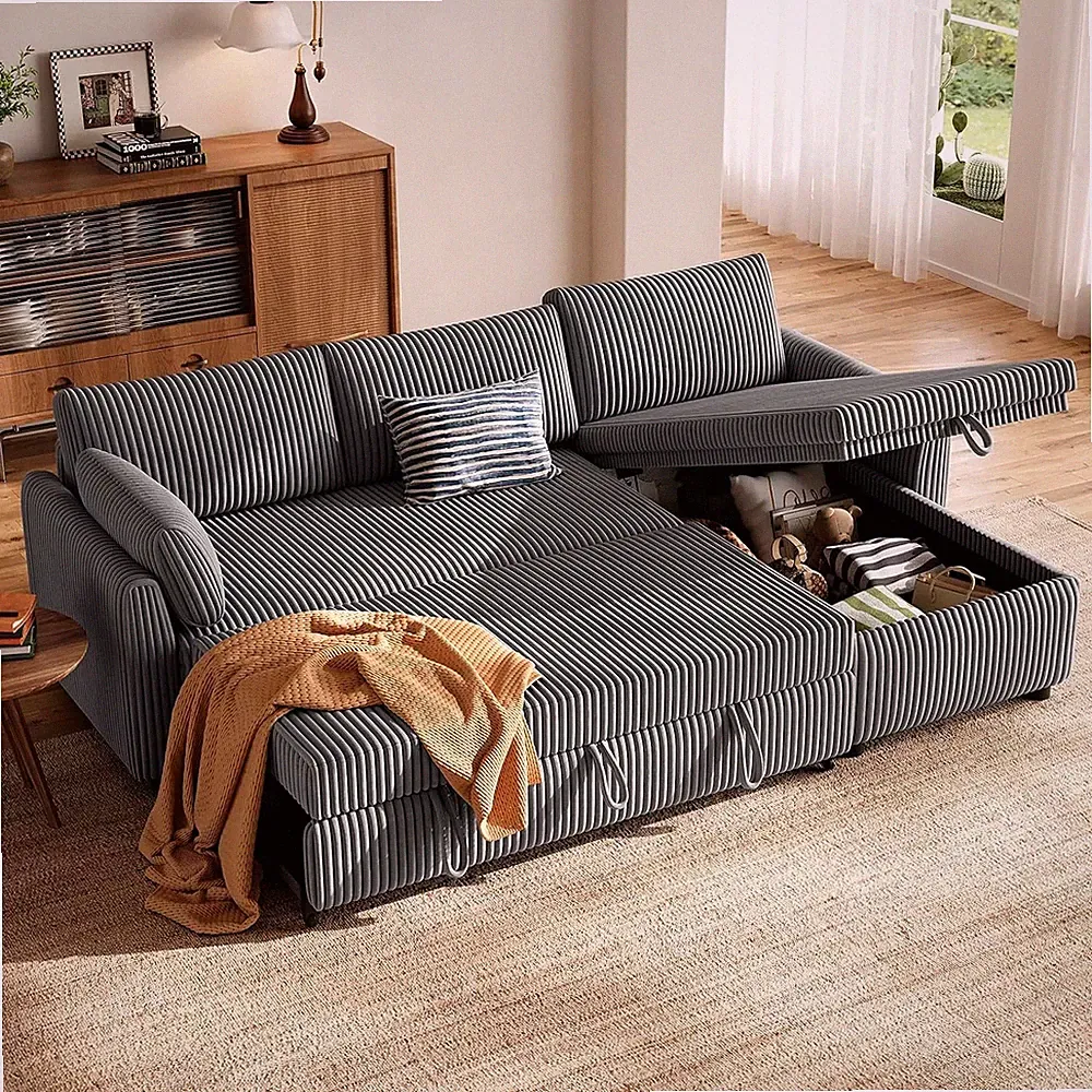 Ecksofa mit Bettkasten Sofa mit Schlaffunktion L-Form Schlafsofa Cord-Bezug Grau