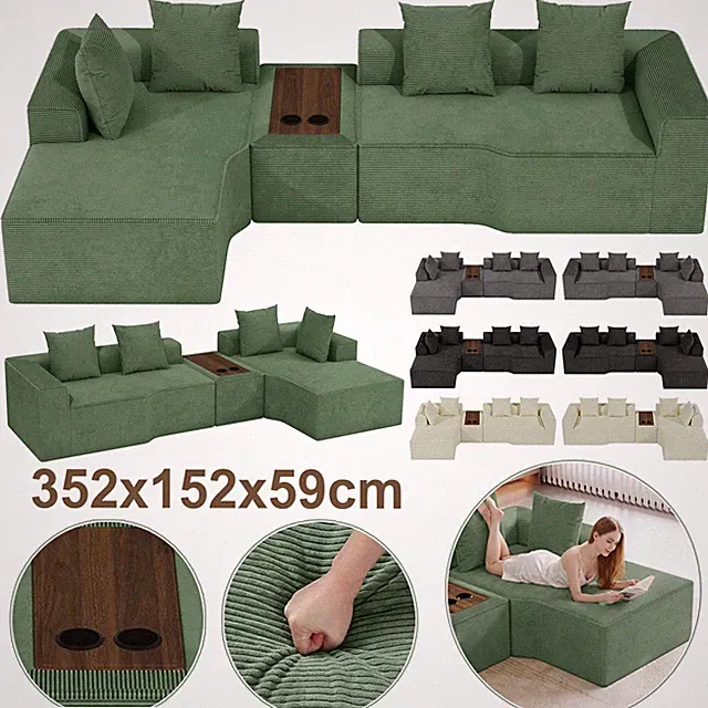 Ecksofa mit Couchtisch 320cm Modulares Schlafsofa L Form Cord Couch Sektionssofa