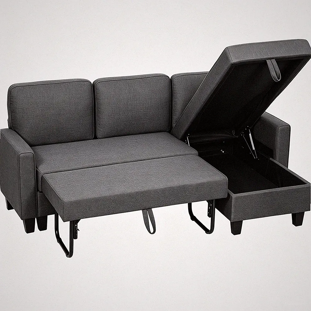 Ecksofa mit Schlaffunktion 3-Sitzer Sofa und Bettkasten, Leinenoptik Dunkelgrau