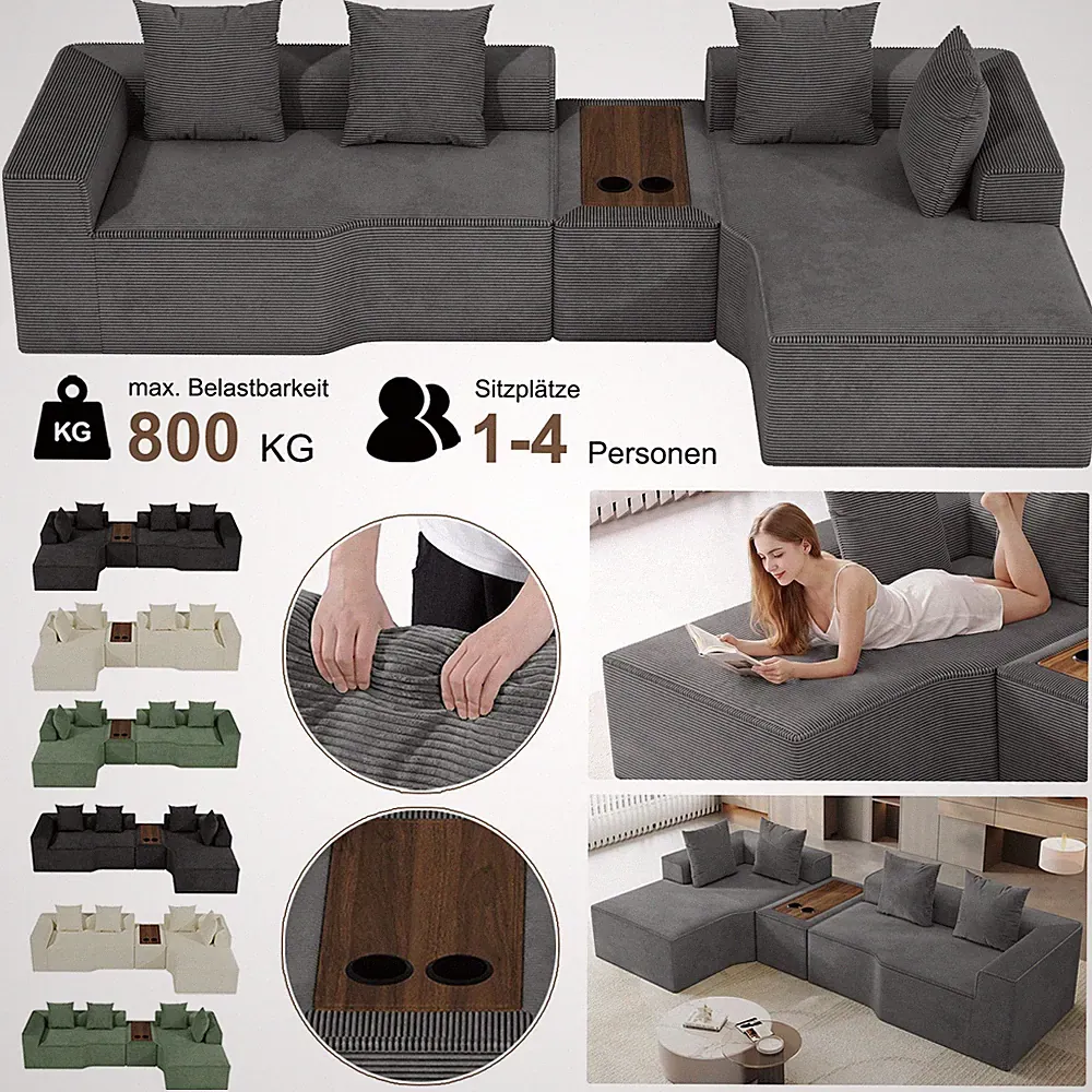 Ecksofa mit Schlaffunktion 320cm Modulares Schlafsofa L Form Couch m. Couchtisch