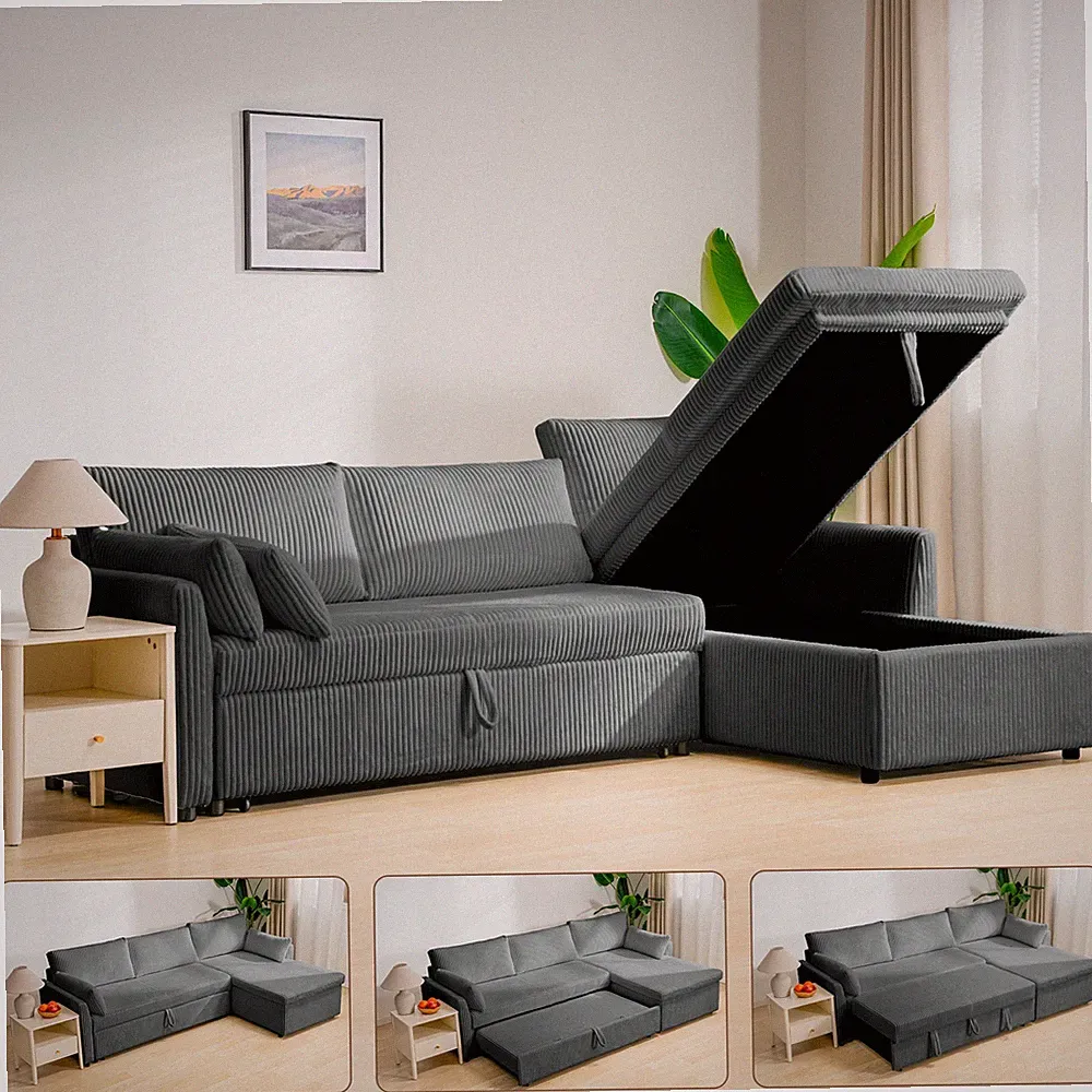 Ecksofa mit Schlaffunktion Bettkasten Eckcouch Sofa L-Form Schlafsofa Cord-Bezug