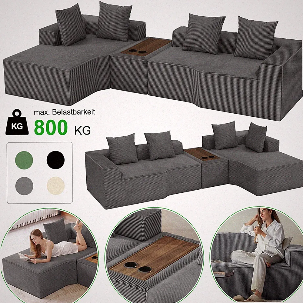 Ecksofa mit Schlaffunktion,Cord Schlafsofa L Form, Boneless Sofa mit Couchtisch