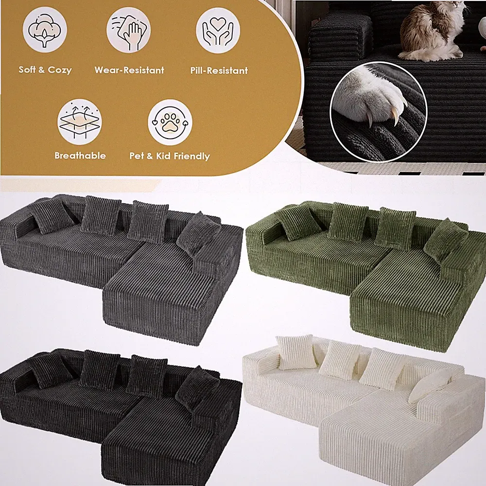 Ecksofa mit Schlaffunktion L-Form Modulares Sofa 4 Sitzer Cordstoff mit Ottomane