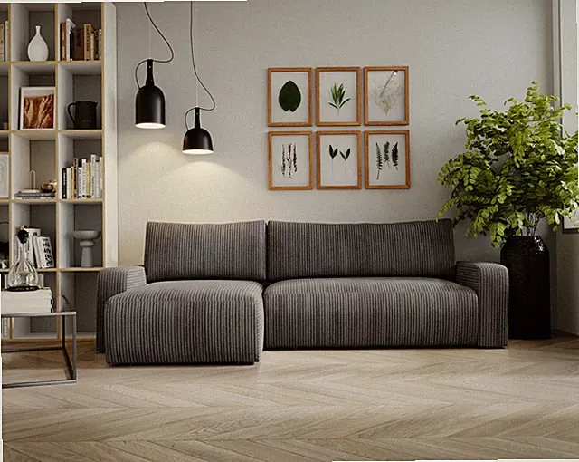 Ecksofa mit schlaffunktion und bettkasten, ARAGON Dicker Cord Dunkelgrau Links