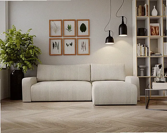 Ecksofa mit schlaffunktion und bettkasten, Couch ARAGON Dicker Cord Beige Rechts