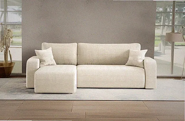 Ecksofa mit schlaffunktion und bettkasten, Couch ARAGON Dicker Cord Ecru Links