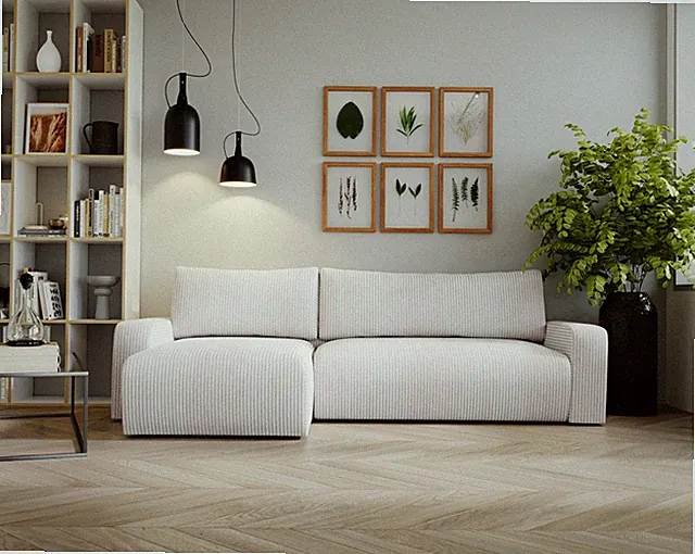 Ecksofa mit schlaffunktion und bettkasten, Couch ARAGON Dicker Cord Ecru Links