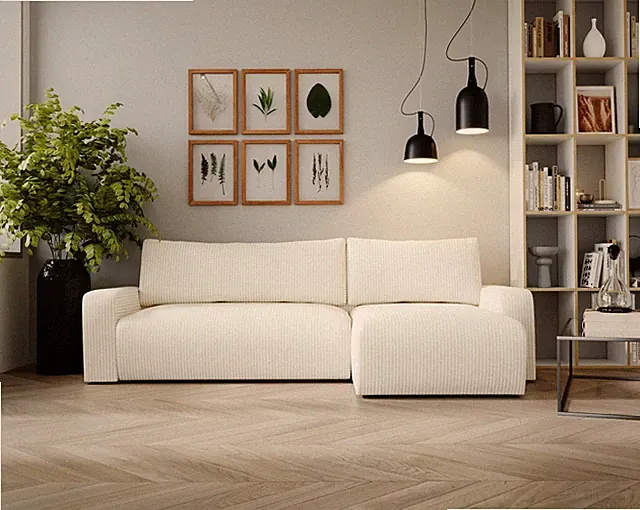 Ecksofa mit schlaffunktion und bettkasten, Couch ARAGON Dicker Cord Ecru Rechts