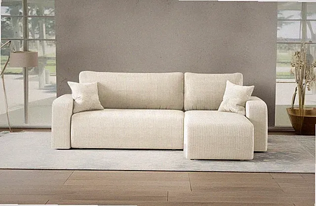 Ecksofa mit schlaffunktion und bettkasten, Couch ARAGON Dicker Cord Ecru Rechts
