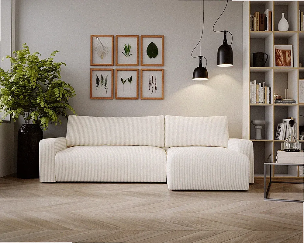 Ecksofa mit schlaffunktion und bettkasten, Couch ARAGON Dicker Cord Weiss Rechts