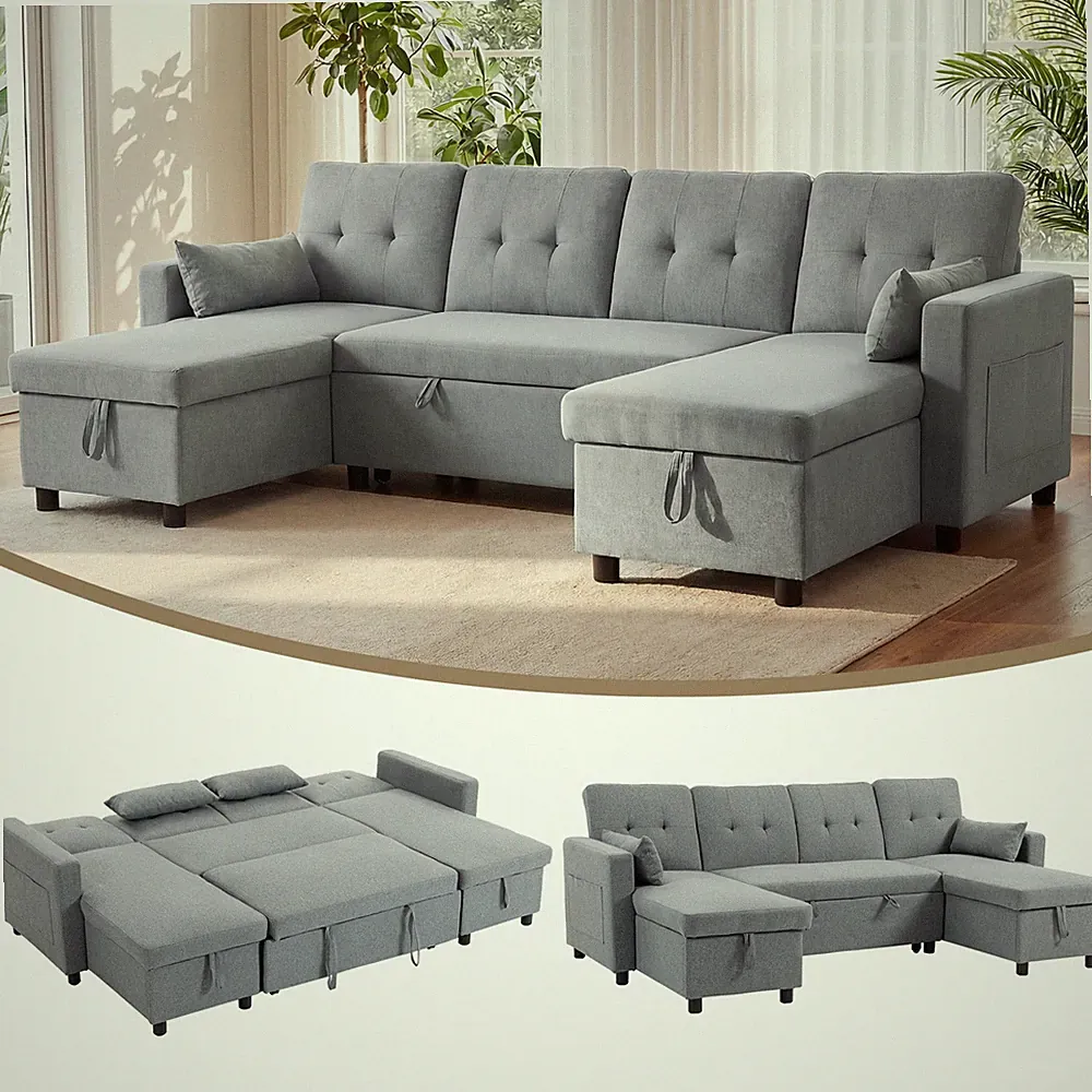 Ecksofa mit Schlaffunktion und Bettkasten U-Form 4-Sitzer Sofa mit Chaiselongue