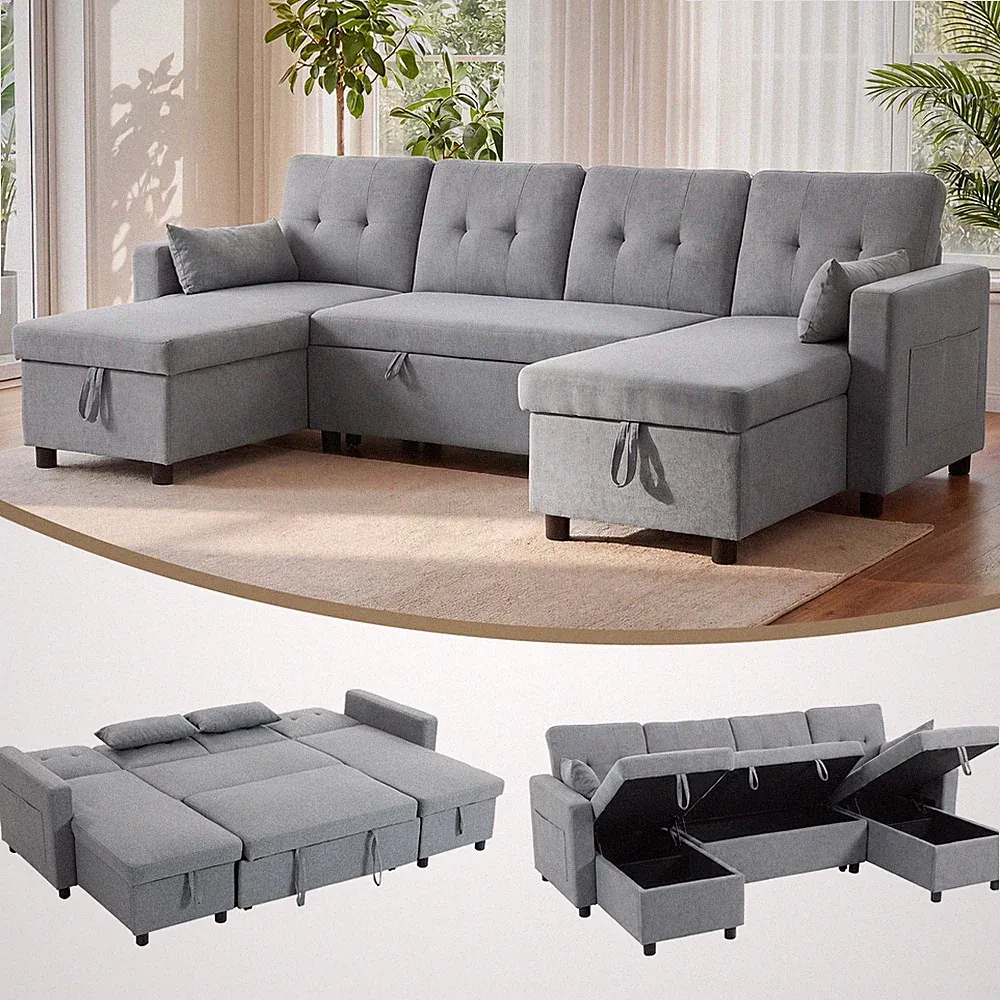 Ecksofa mit Schlaffunktion und Bettkasten U-Form 4-Sitzer Sofa mit Chaiselongue