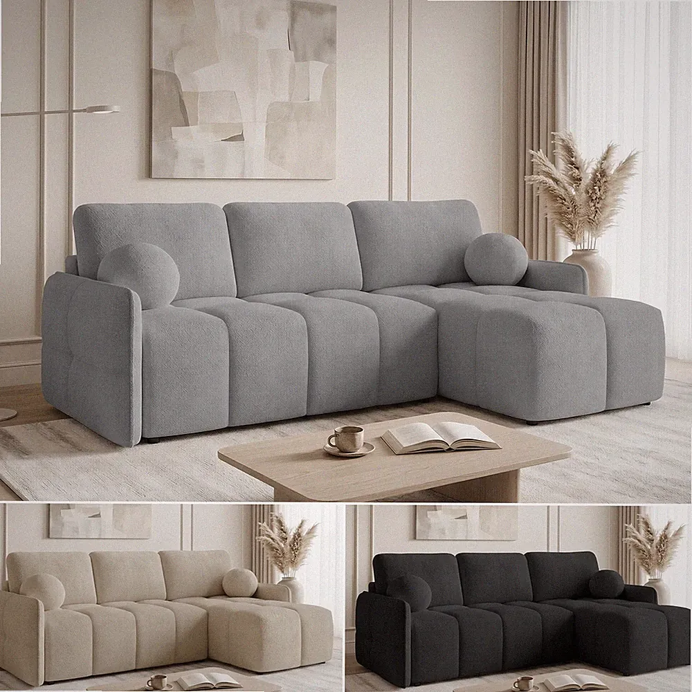 Ecksofa NUBO mit Schlaffunktion und Bettkasten - Bouclé-Stoff - Sofagarnitur