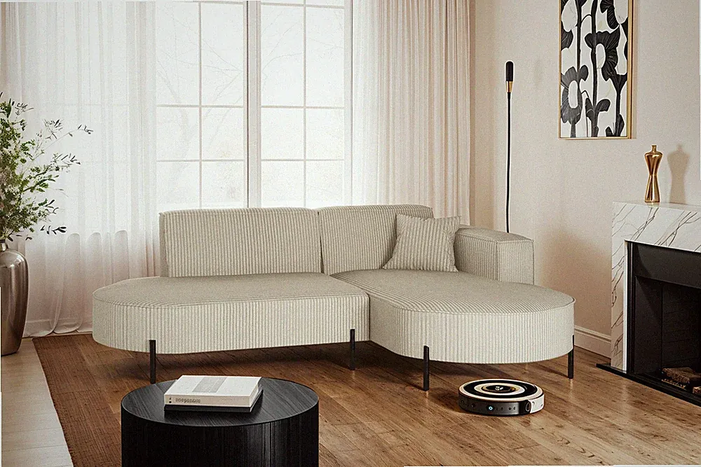 Ecksofa, Sofa L-Form Designer Modena Rein stoff Poso Beige Rechts